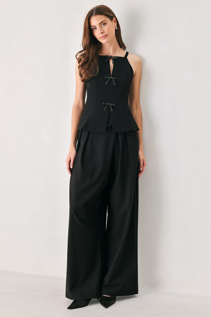 BOW NOIR BLACK RHINESTONE HALTER PEPLUM TOP