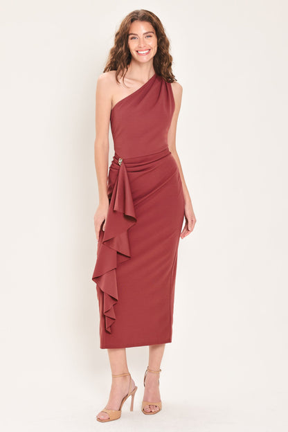 SIENNA STATEMENT BURNT SIENNA RUFFLE ONE-SHOULDER MIDI DRESS