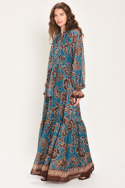 TEAL ESCAPE PRINTED RUFFLE-NECK BELTED MAXI DRESS