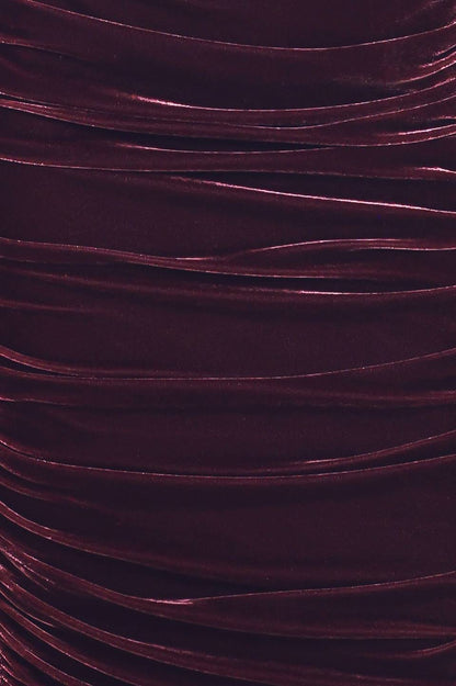 PLUM EMBRACE PLUM VELVET OFF-SHOULDER RUCHED MIDI DRESS
