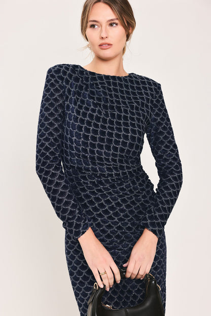 NAVY VEIL NAVY METALLIC BURNOUT VELVET RUCHED MIDI DRESS