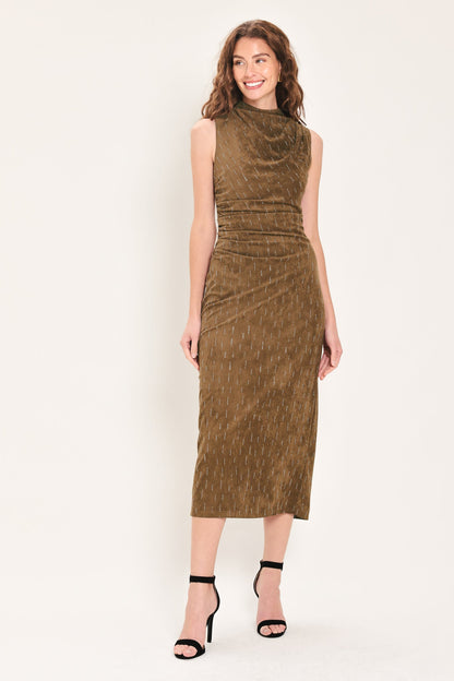 WALNUT GLOW EMBELLISHED FAUX SUEDE MIDI DRESS