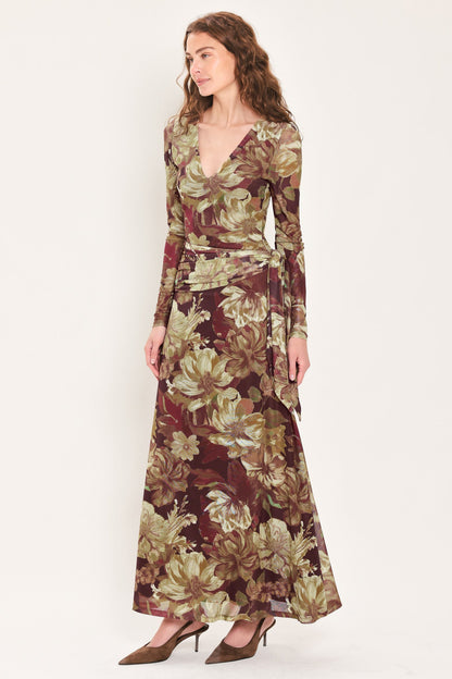 MAROON MUSE DARK MAROON PRINTED SCARF-SASH MESH MAXI DRESS