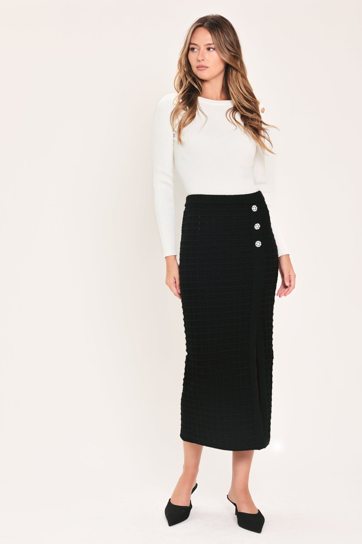 POLISHED MOMENT BLACK BUTTON-SLIT SWEATER MIDI SKIRT