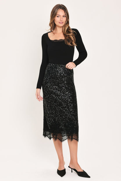 BRONZE LUSTER BRONZE/BLACK SEQUIN LACE-HEM MIDI SKIRT