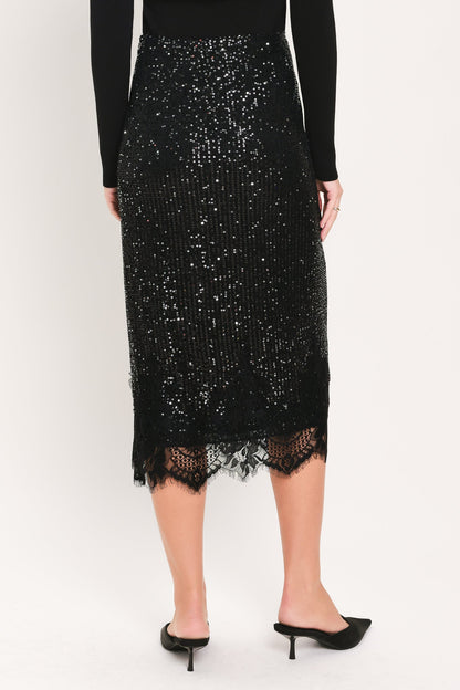BRONZE LUSTER BRONZE/BLACK SEQUIN LACE-HEM MIDI SKIRT