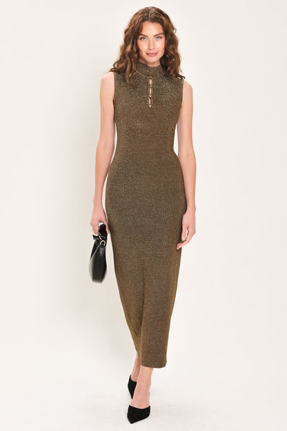 COCOA POISE BROWN KEYHOLE SLEEVELESS SWEATER MIDI DRESS