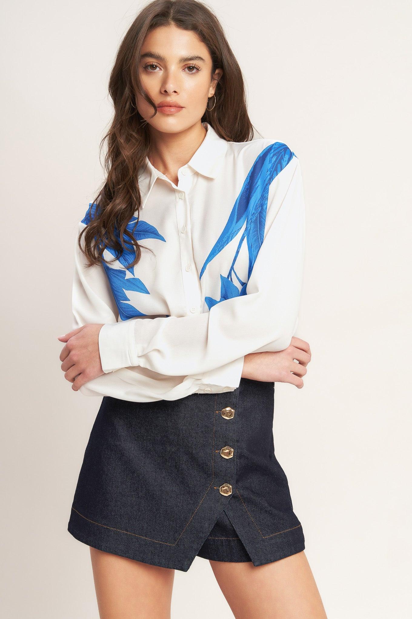 ASYMMETRICAL BOTANICAL WOVEN SHIRT